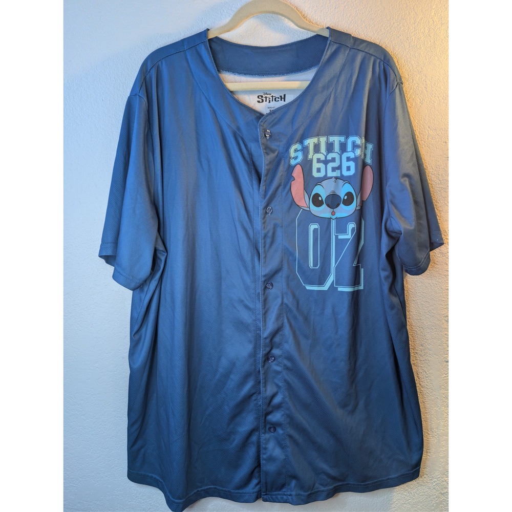 Disney Lilo & Stitch‎ Baseball Jersey Blue Mesh Button Up Shirt 2X Stitch 0357